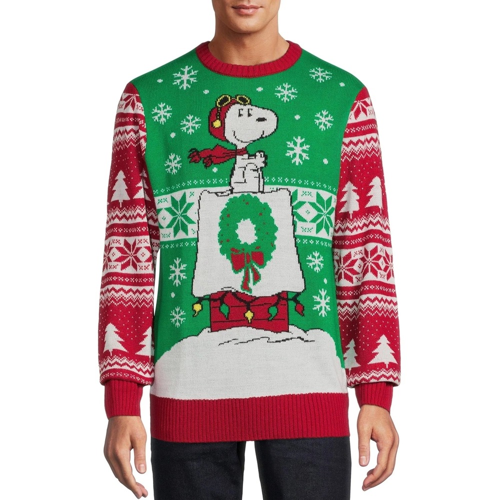 Peanuts Men's Snoopy Christmas Crewneck‎ Long Sleeves Knitted Sweater Size XL